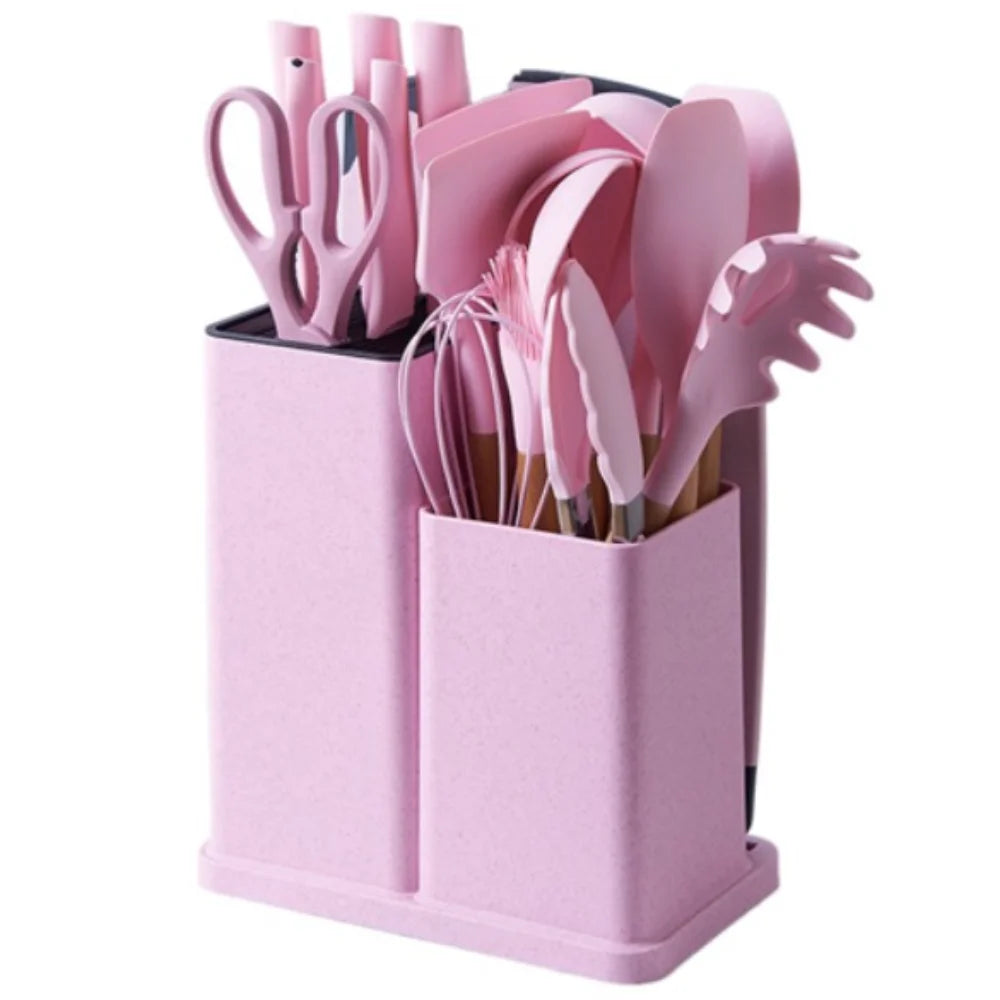 A Set 19 Pcs Pink Kitchen Utensils Silicone Heat-Resistant Cooking Utensils Set Durable Non-Stick Kitchen Tools Kitchen