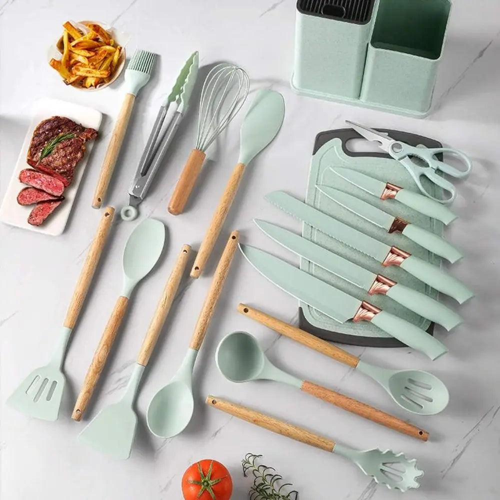 A Set 19 Pcs Pink Kitchen Utensils Silicone Heat-Resistant Cooking Utensils Set Durable Non-Stick Kitchen Tools Kitchen