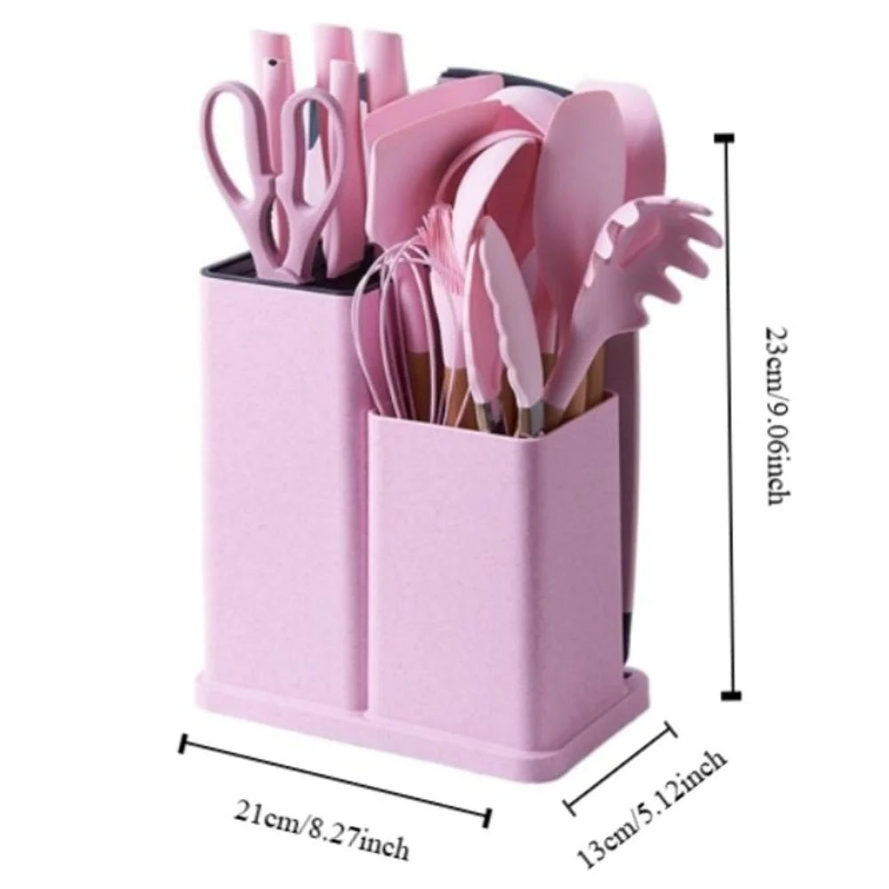 A Set 19 Pcs Pink Kitchen Utensils Silicone Heat-Resistant Cooking Utensils Set Durable Non-Stick Kitchen Tools Kitchen