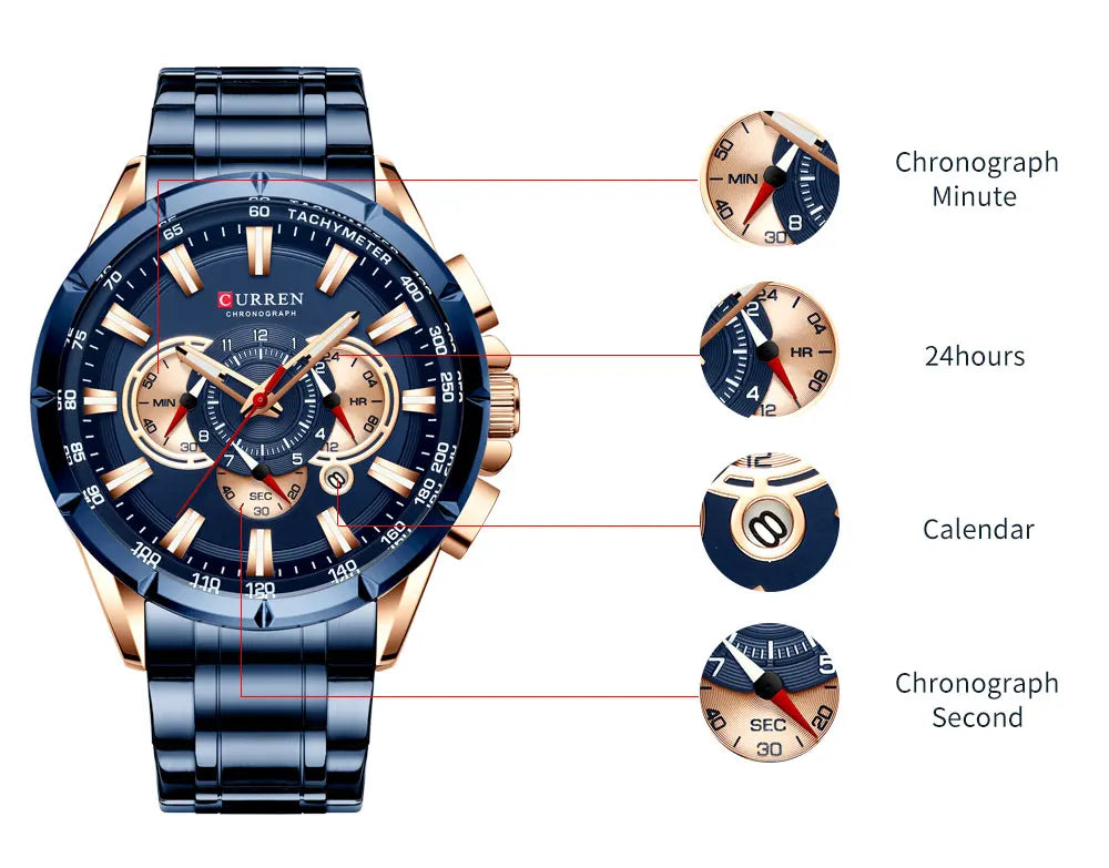 Curren 8363 Men Watch Business Casual Fashion Wristwatch 6-Hand Chronograph Quartz Luxury Relogio Masculino
