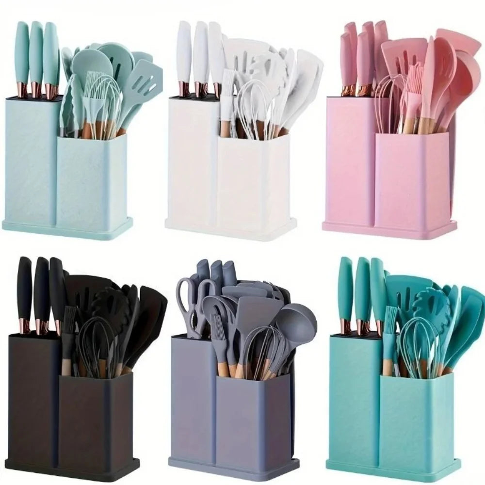 A Set 19 Pcs Pink Kitchen Utensils Silicone Heat-Resistant Cooking Utensils Set Durable Non-Stick Kitchen Tools Kitchen